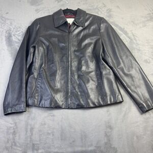 Worthington Jacket Womens Large Black Lambskin Leather Zip Front Classic Lined
